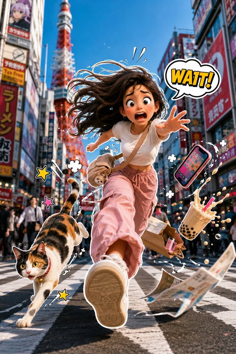 A premium sticker aesthetic character in mid-sprint chaos with Pixar-inspired expression and photorealistic background.