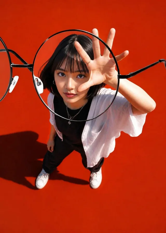 A hyper-realistic high-fashion optical ad with an oversized black round lens over the face, a reaching hand in forced perspective, and a warm terracotta background.