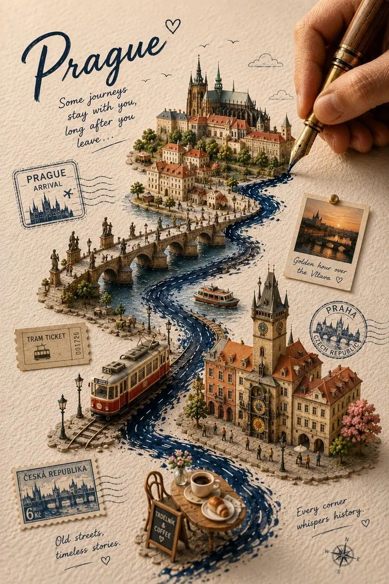 Handcrafted travel journal poster variation with miniature landmarks, ink road, stamps, notes, and warm paper texture.