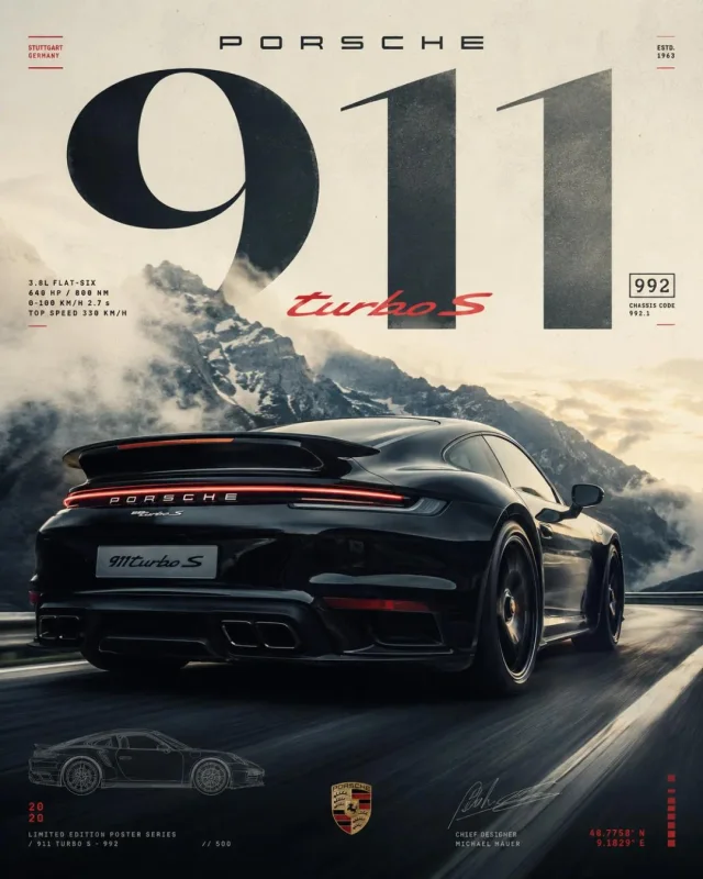 A premium bright 4:5 collectible car poster with a large off-center sports car, layered masthead typography, and collectible spec labels.