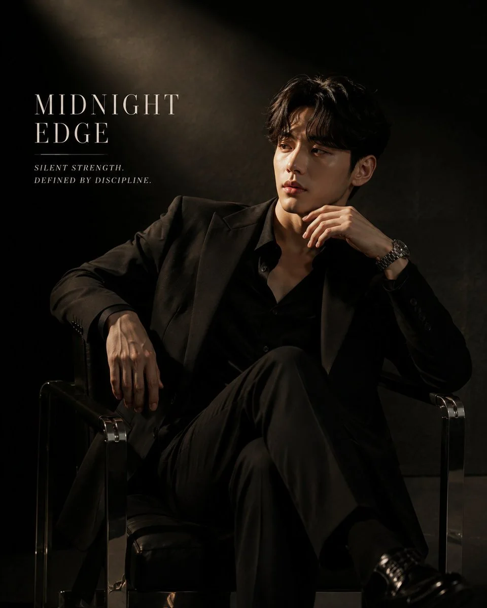 An ultra-realistic high-fashion editorial portrait of a Korean subject in a dark cinematic studio, dramatic key light, minimal serif typography, and clean negative space.