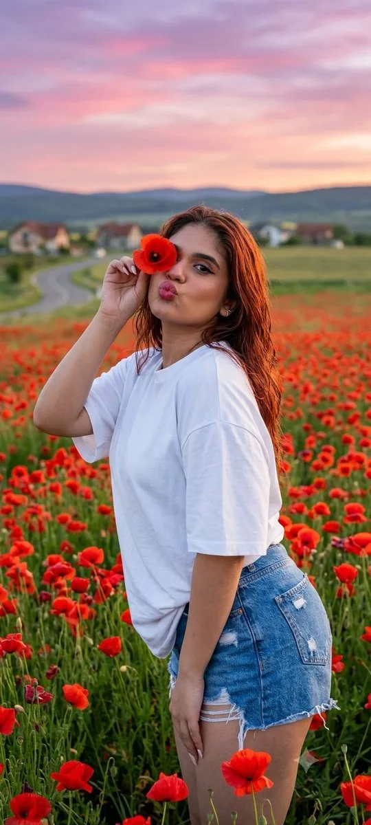 A realistic golden-hour portrait of a woman with wavy hair puckering her lips and holding a poppy over one eye, in a red poppy field with a pink-orange sunset sky.