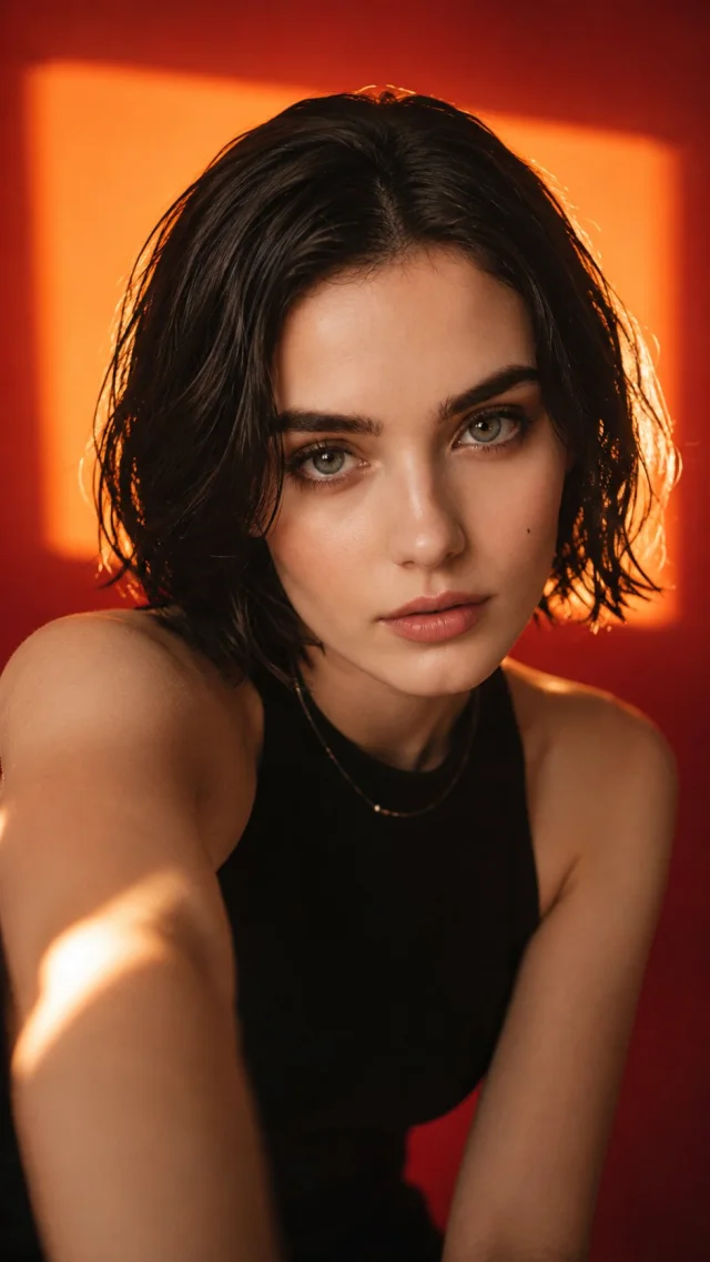 Close-up fashion editorial portrait of a young woman with short dark bob hair in a black sleeveless top against a crimson-red background with warm orange light.