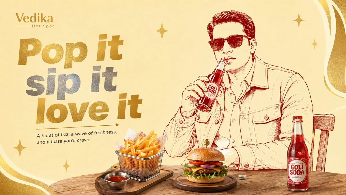A mixed-media advertising variant showing the hero product with an illustrated character and coordinated palette typography.