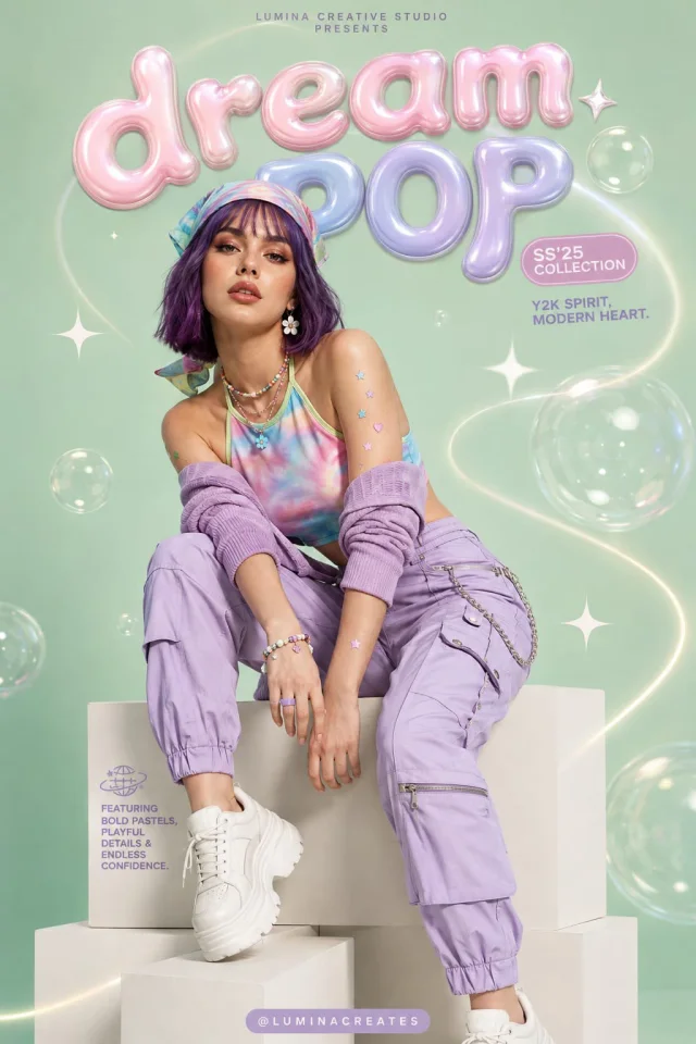 A premium Y2K fashion editorial poster of a young woman with a violet bob on a mint-green studio background, wearing a pastel tie-dye crop top, with glossy 3D pastel typography and floating bubbles.