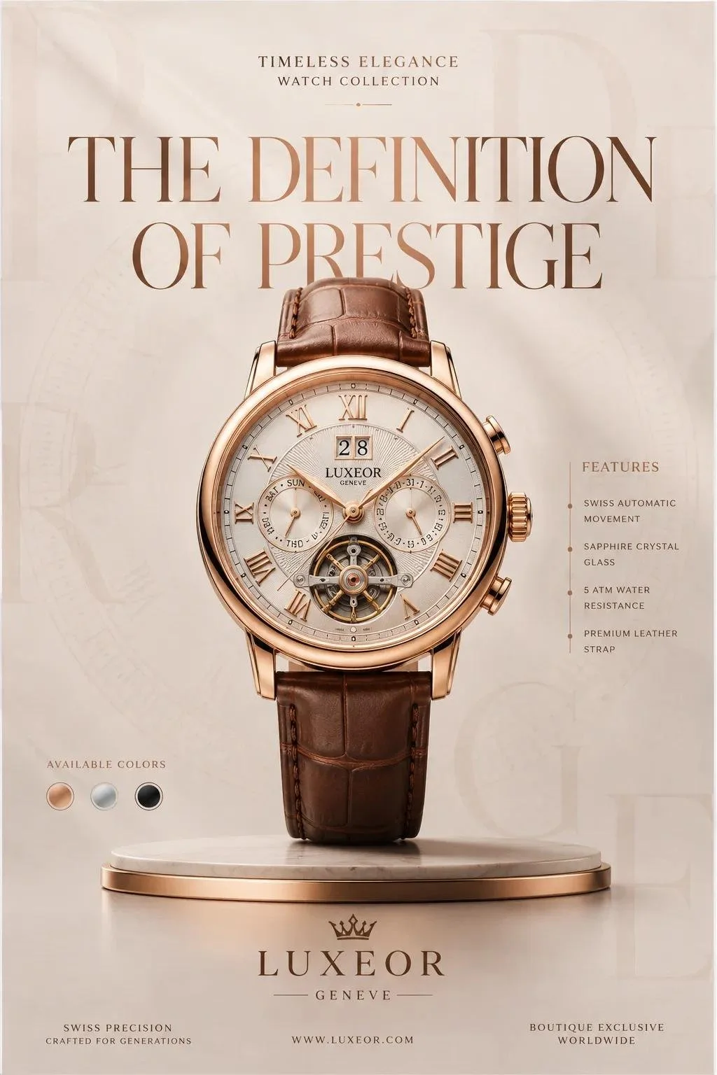 A luxury product editorial campaign poster with a centered hero product, oversized serif headline, and pearl-white minimal layout.