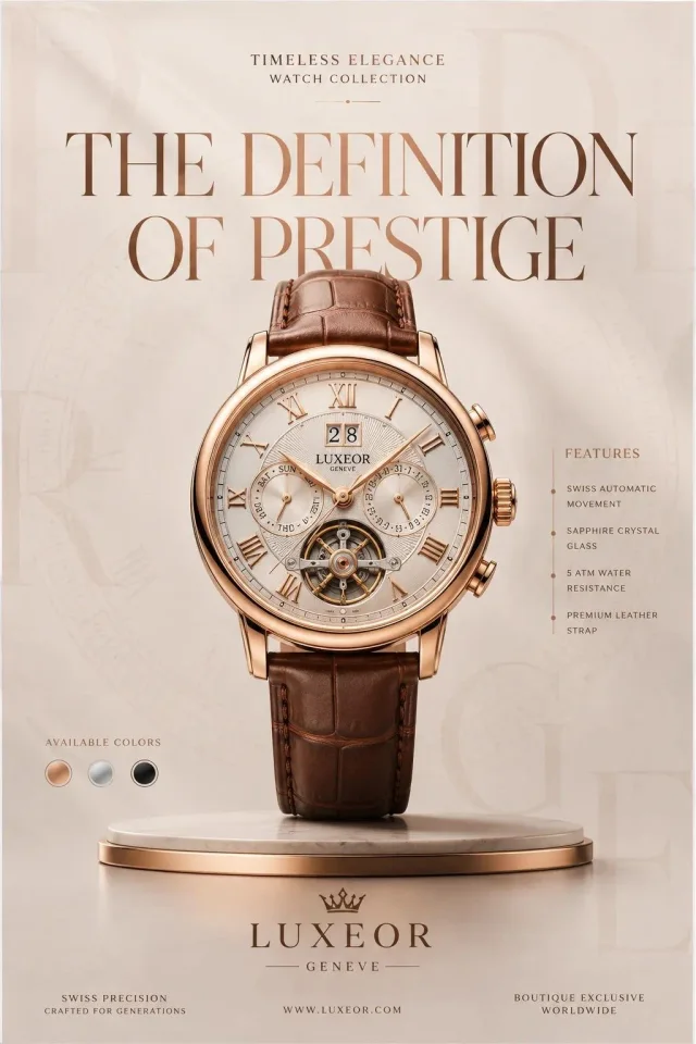 A luxury product editorial campaign poster with a centered hero product, oversized serif headline, and pearl-white minimal layout.