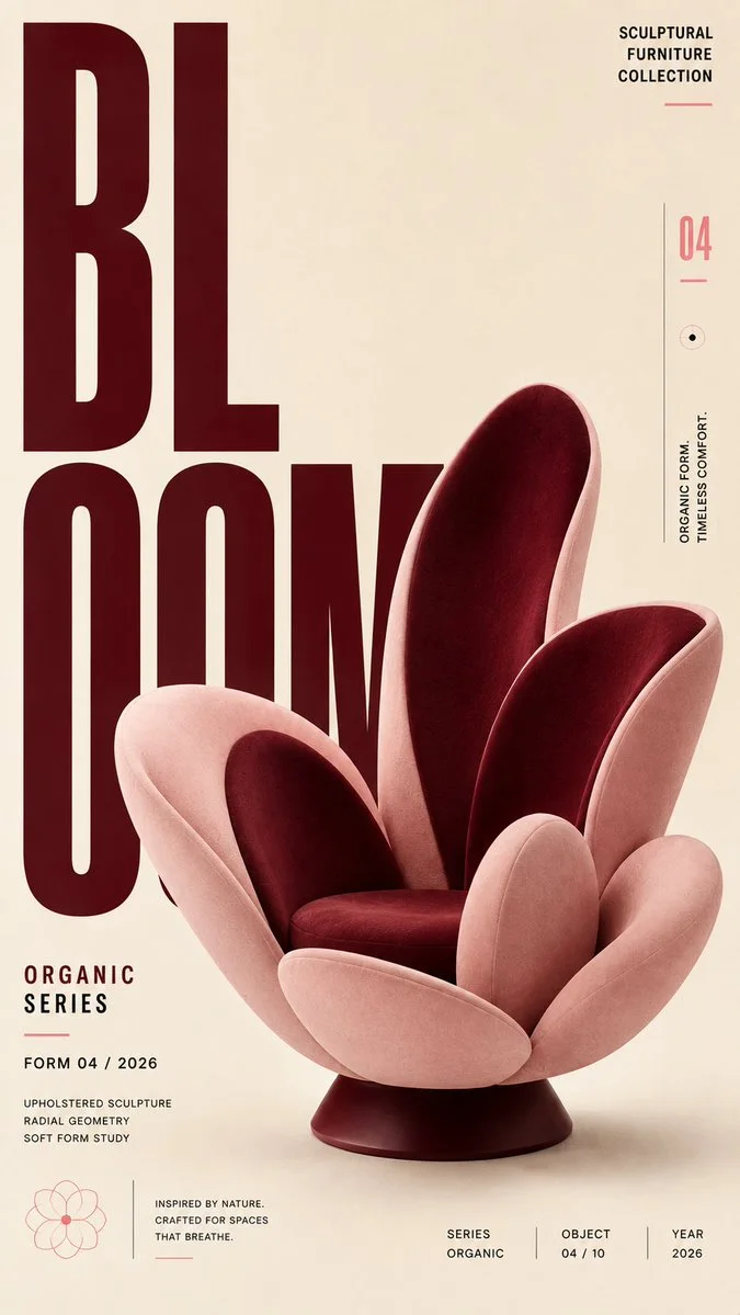 An organic sculptural furniture editorial poster featuring a flower-like pink and burgundy chair with oversized BLOOM typography.