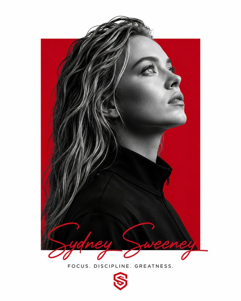 A crimson block portrait poster variation showing a high-contrast B&W profile framed in red with a geometric logo and tagline below.