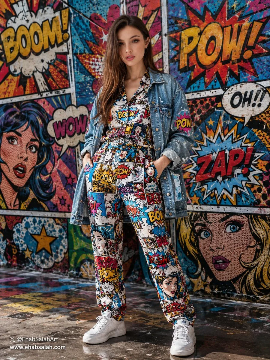 A photorealistic full-body fashion model wearing a Pop Art comic-print outfit and oversized denim jacket, standing against a colorful comic graffiti wall with BOOM, POW, WOW and ZAP typography.