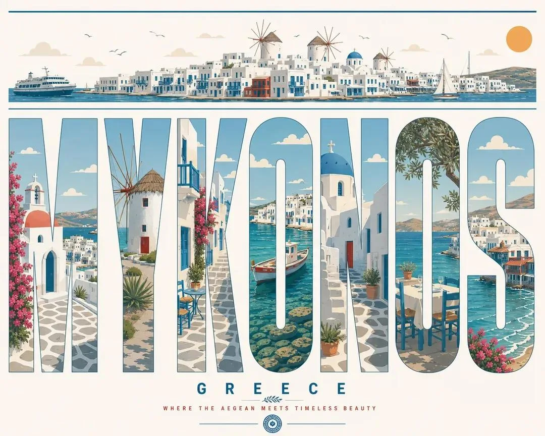 A typography-based travel poster for Mykonos, with large letters filled by whitewashed architecture, windmills, sea, boats, and a clean Mediterranean palette.