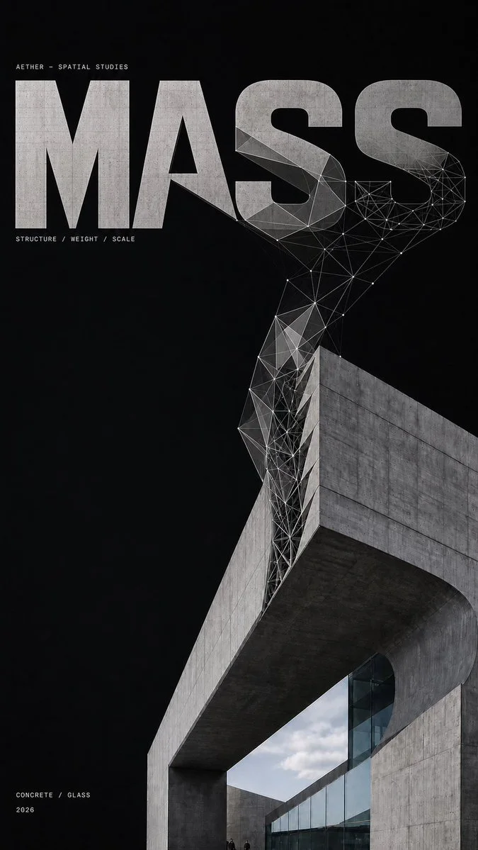An experimental architectural poster where the word FLOW grows into ramps and corridors of metal and stone with structural mesh lines and a scale figure.