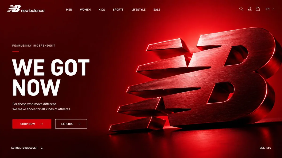 Hero page web design variation with a monumental 3D logo sculpture, radial brand-color glow, and clean above-the-fold UI layout.