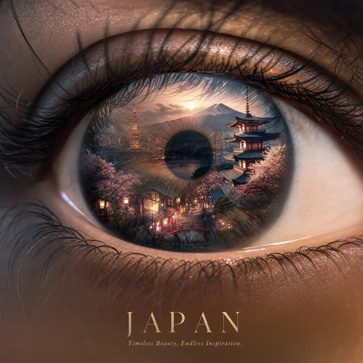 A 4:5 travel poster where a flowing Japan flag becomes Mount Fuji, torii gates and Tokyo with JAPAN typography.