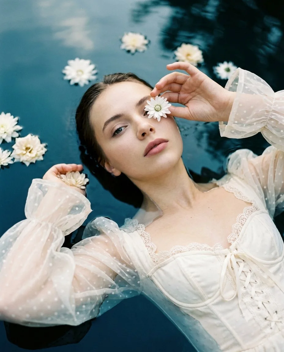 A fine-art fashion portrait of a woman floating in dark ink-blue water, wearing an ivory vintage corset dress and holding a small white flower over one eye.