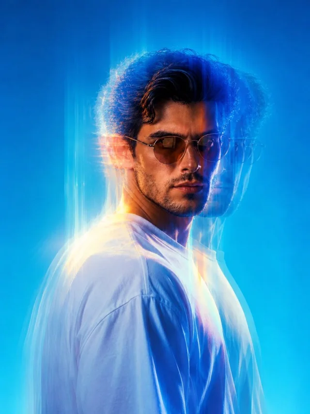 A cinematic half-length portrait of a man in an oversized white T-shirt on a blue gradient background with double-exposure motion blur, light ghosting and vertical streaks.