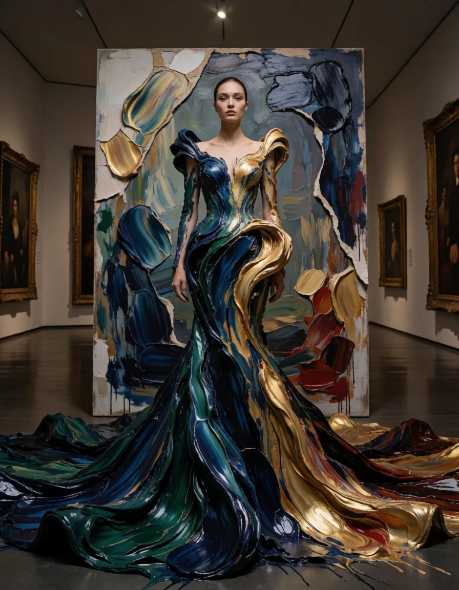 Impasto oil-paint couture gown variation with heavy brushstroke texture, glossy pigments, and gallery spotlighting.