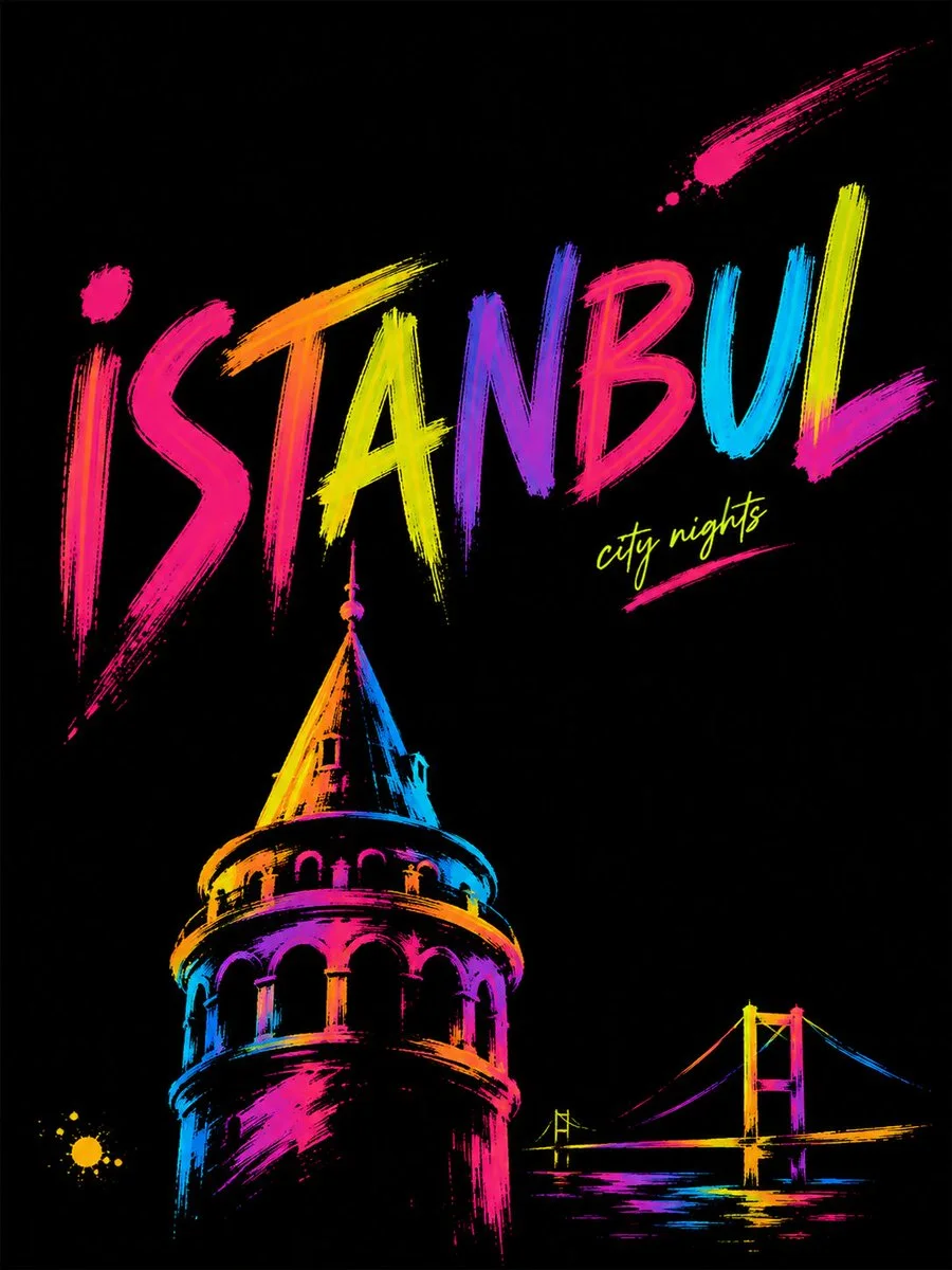 A black-background fluorescent brush-art Istanbul travel poster with Galata Tower as the hero landmark, a smaller bridge, huge hand-painted ISTANBUL lettering, neon marker strokes, and “city nights” note.