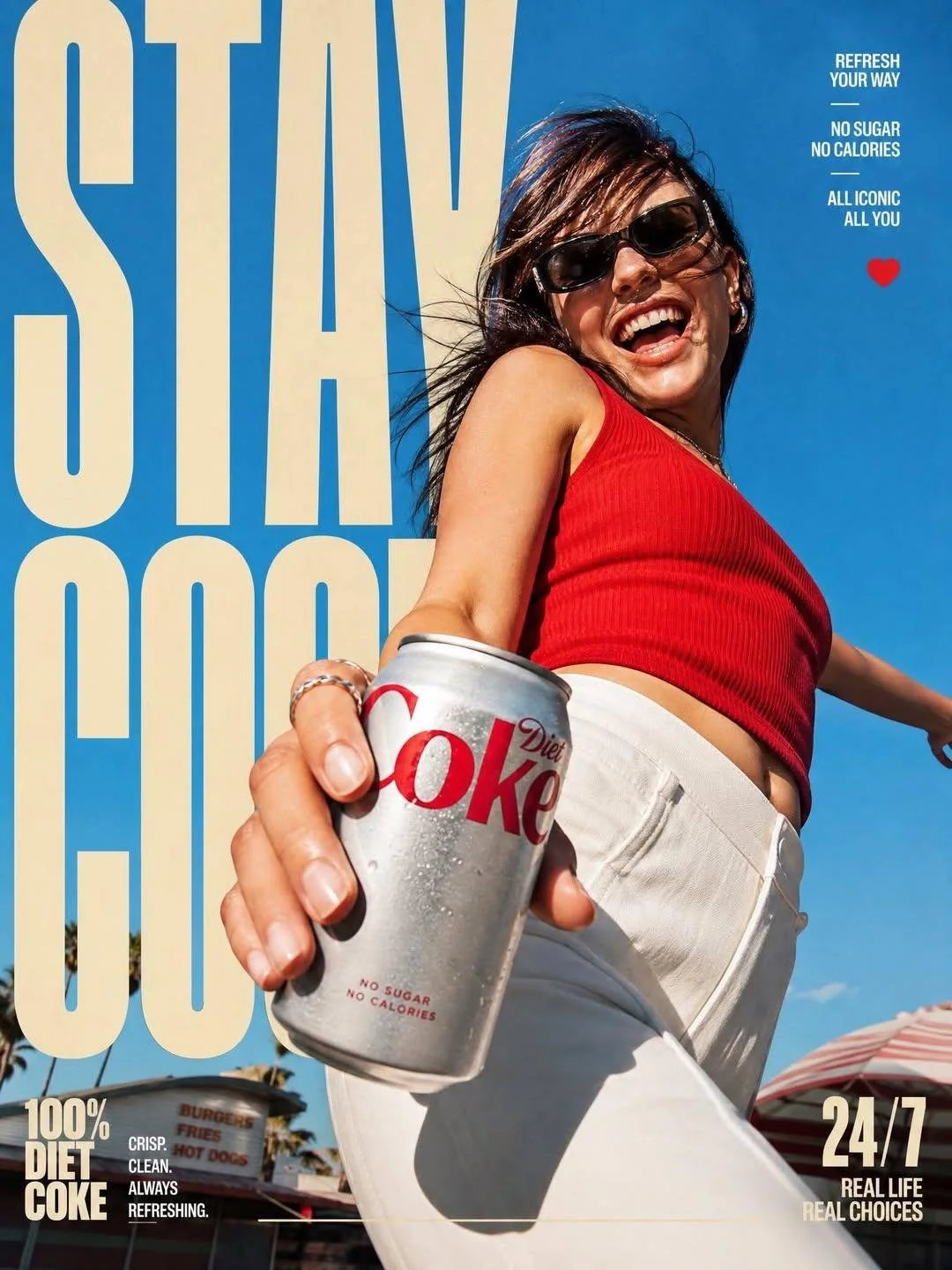 A layered brand action poster with enormous warm-cream ultra-condensed lettering behind a diagonal action figure, blue sky, and compact white microcopy.