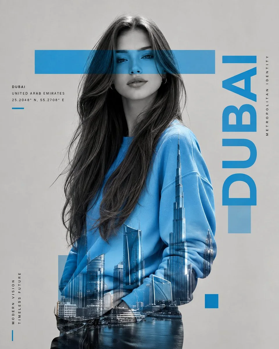 A luxury Swiss graphic double-exposure poster of a woman in blue with Dubai typography, a blue translucent eye bar, clean gray backdrop, and skyscrapers blended inside her blue clothing silhouette.
