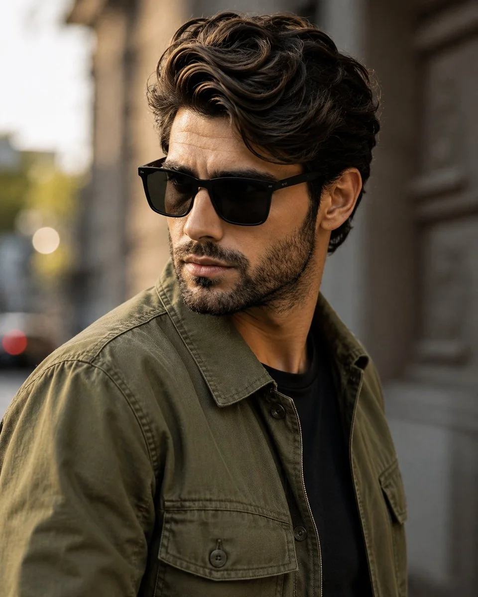 A 4:5 cinematic portrait of a young South Asian man in an olive-green utility jacket and black sunglasses outdoors with a softly blurred city background and creamy bokeh.