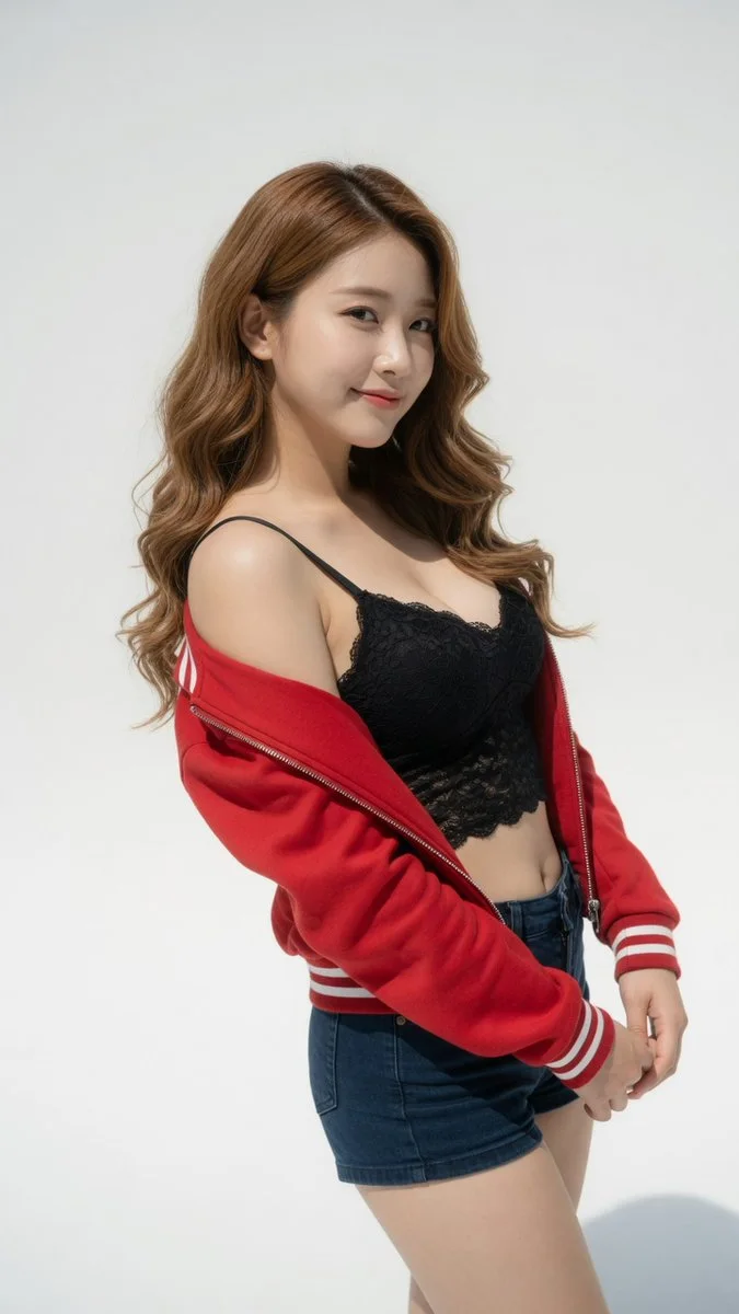 A high-key Japanese photobook-style portrait of a young woman with honey caramel waves in a red varsity jacket against a solid white void.