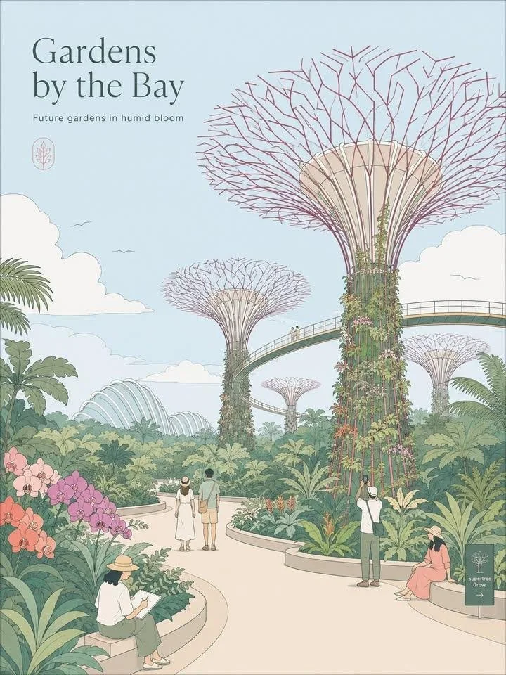 A fresh airy flat-vector Gardens by the Bay travel poster with Singapore Supertrees, lush tropical planting, small relaxed figures, pale blue sky, and elegant upper-left typography.