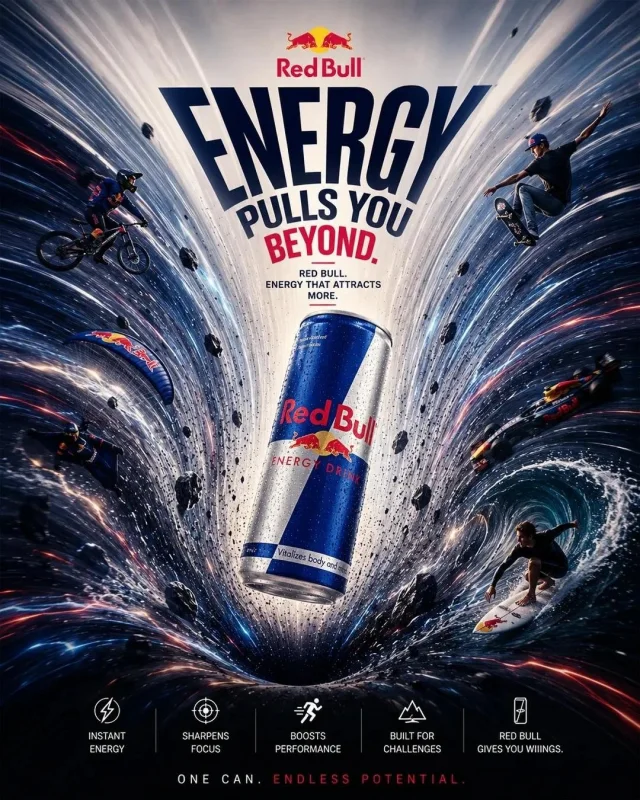 A premium product poster with a floating hero object pulling particles and typography into a curved gravitational vortex on a clean editorial background.