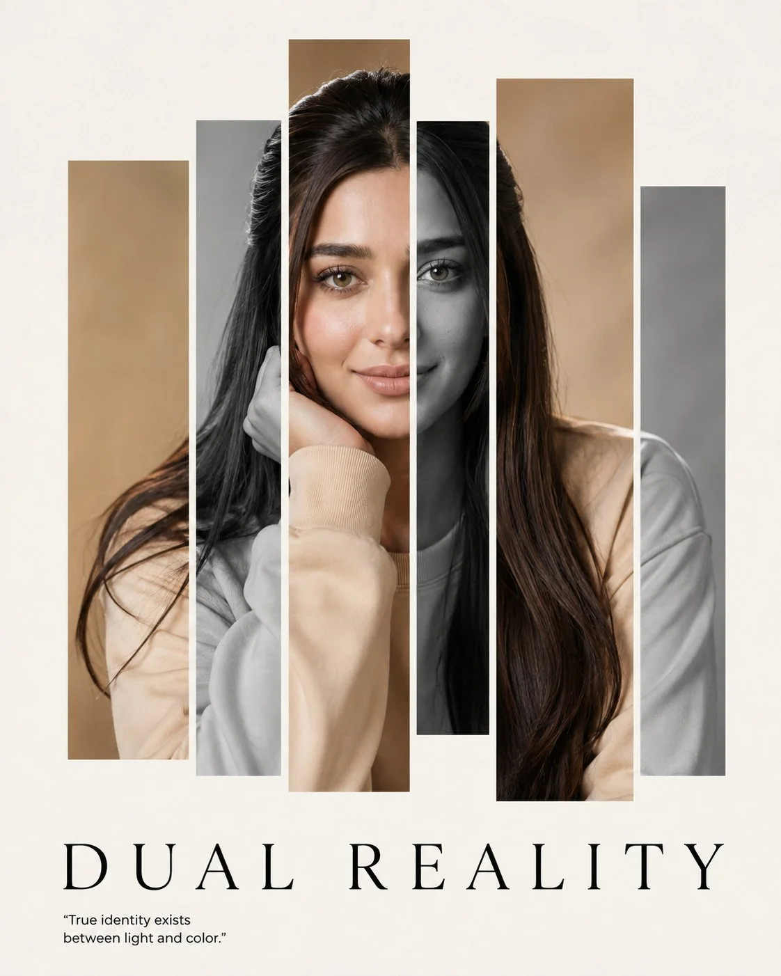 A luxury fashion editorial portrait titled DUAL REALITY, with one centered female face revealed through six vertical masking panels alternating natural color and black-and-white.