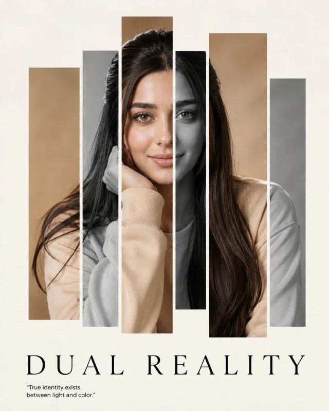 A luxury fashion editorial portrait titled DUAL REALITY, with one centered female face revealed through six vertical masking panels alternating natural color and black-and-white.