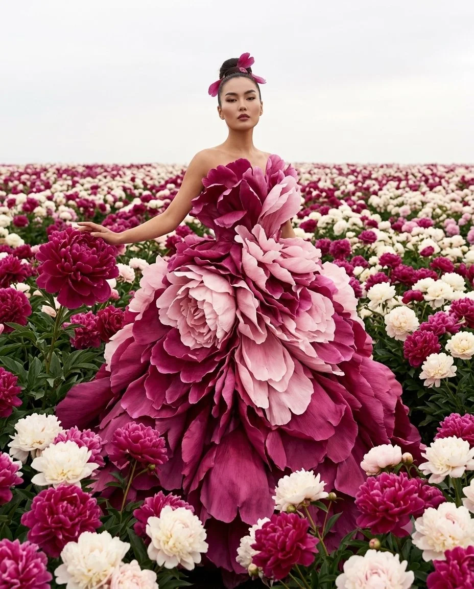 A photorealistic haute-couture fashion editorial portrait of an elegant woman in an enormous layered peony-petal ball gown standing in an endless blooming peony field.