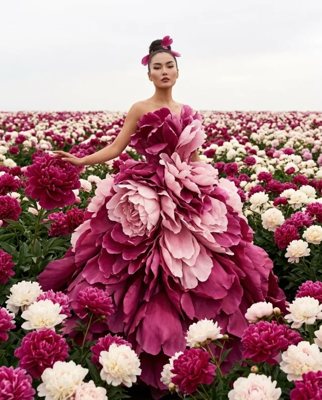 A photorealistic haute-couture fashion editorial portrait of an elegant woman in an enormous layered peony-petal ball gown standing in an endless blooming peony field.
