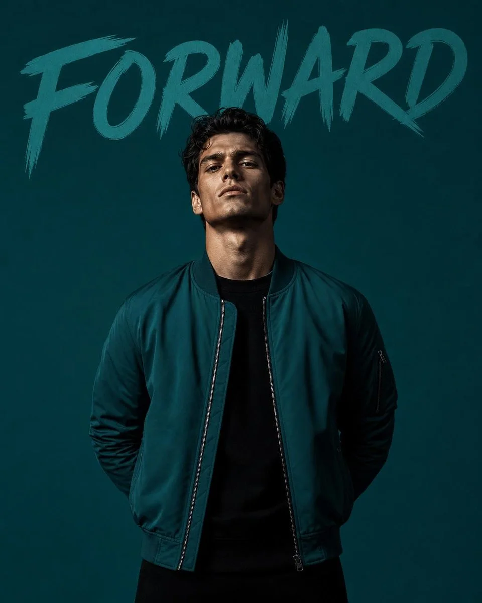 A monochromatic editorial fashion portrait variation with bold hand-painted brush typography and luxury studio lighting.