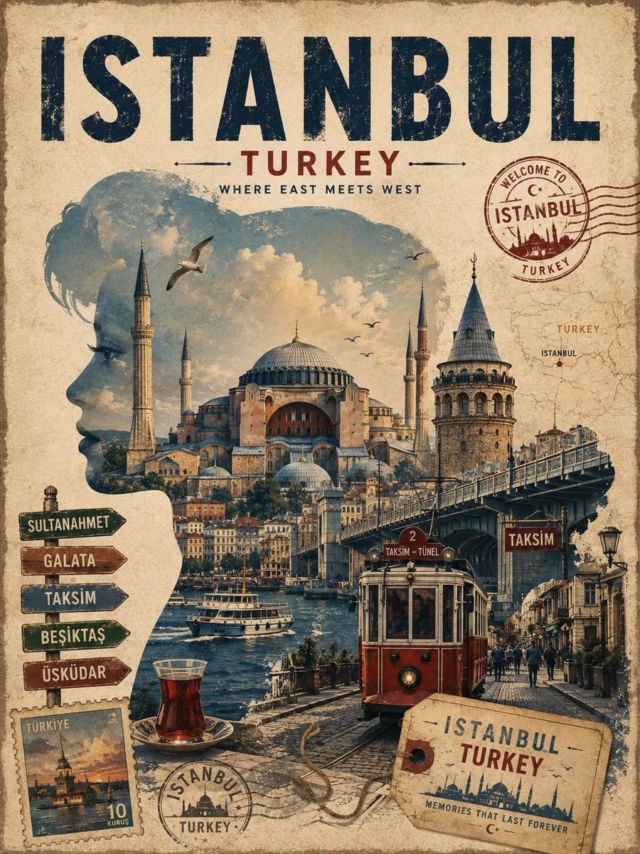 A premium vintage Istanbul travel collage poster with profile silhouette, Hagia Sophia, Galata Tower, tram, Bosphorus scene, tea glass, stamps, map, luggage tag, and aged postcard texture.