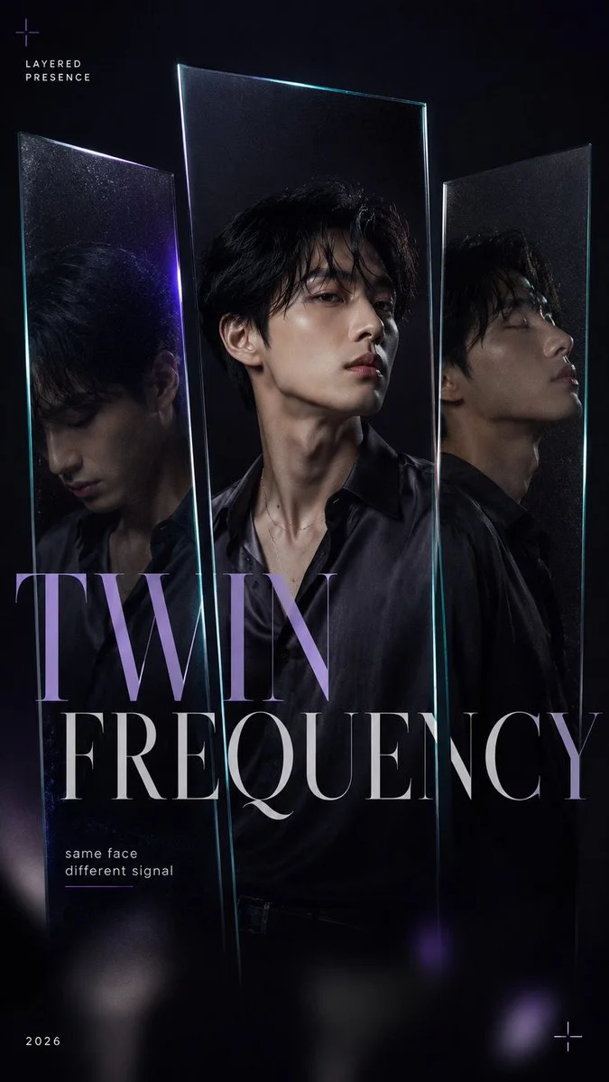 A Layered Presence poster titled TWIN FREQUENCY showing the same male subject reflected across several narrow mirror panels with different poses and dark cinematic lighting.
