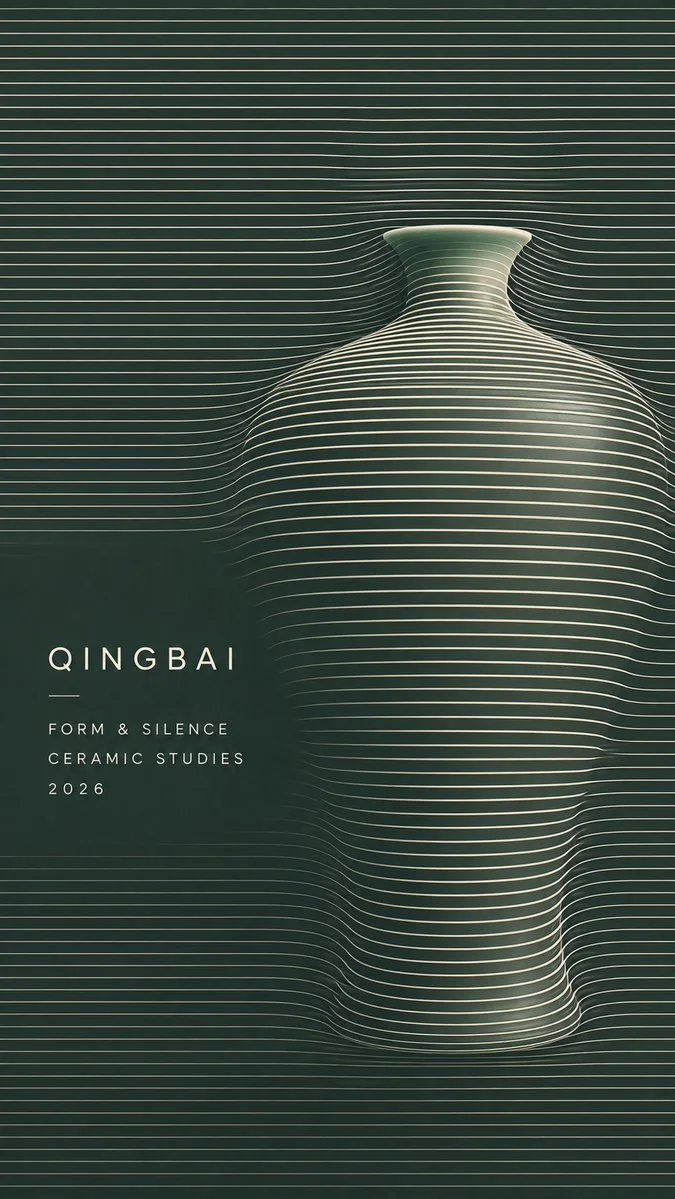 A green QINGBAI op-art poster where continuous pale raster lines deform smoothly around a ceramic vase, with minimal Form & Silence typography.