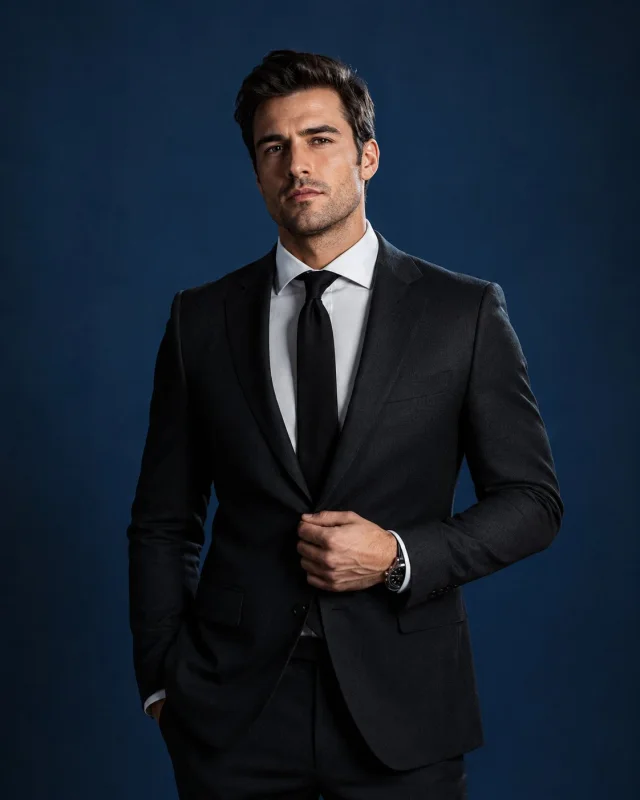 A close high-end studio portrait of a handsome European man in a charcoal-black suit, white shirt, black tie, and wristwatch against a seamless deep-blue background with controlled fashion editorial lighting.
