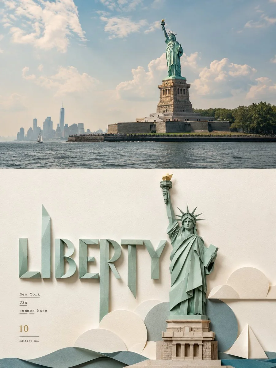 A 3:4 poster with the Statue of Liberty photo on top and a folded paper-sculpture reinterpretation with LIBERTY typography below.