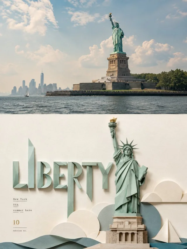 A 3:4 poster with the Statue of Liberty photo on top and a folded paper-sculpture reinterpretation with LIBERTY typography below.