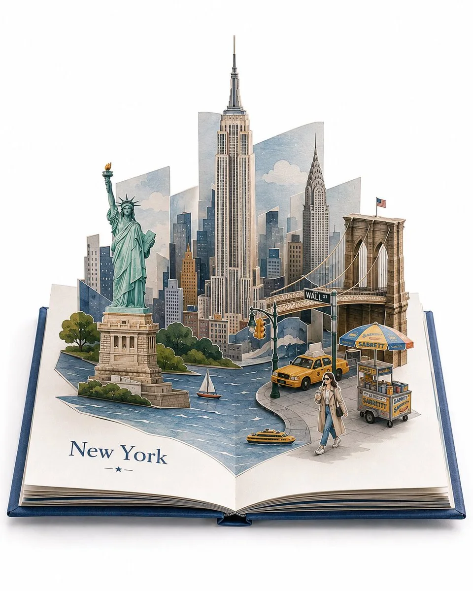 A premium travel pop-up book showing a beautiful sculptural paper representation of New York, USA unfolding from open flat storybook pages.
