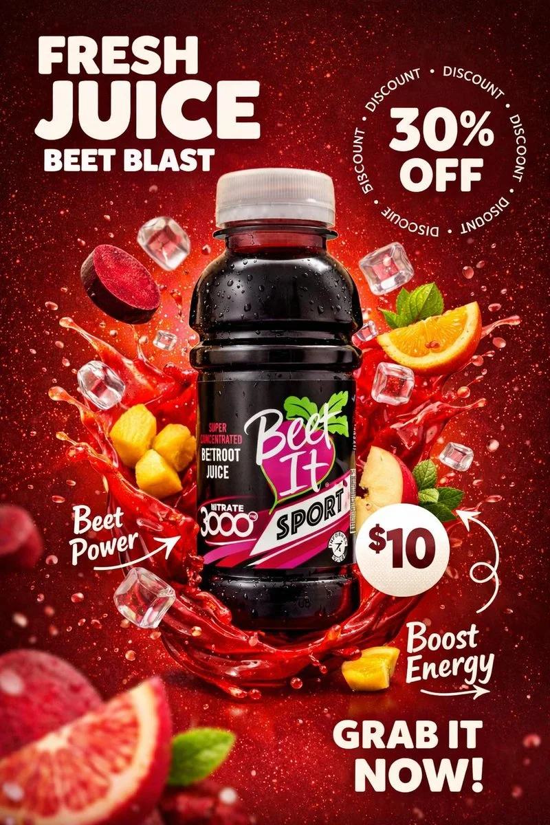 A fresh juice bottle poster variation with liquid splash, fruit ingredients, ice cubes, discount ring, price badge, CTA text, and bold product typography.