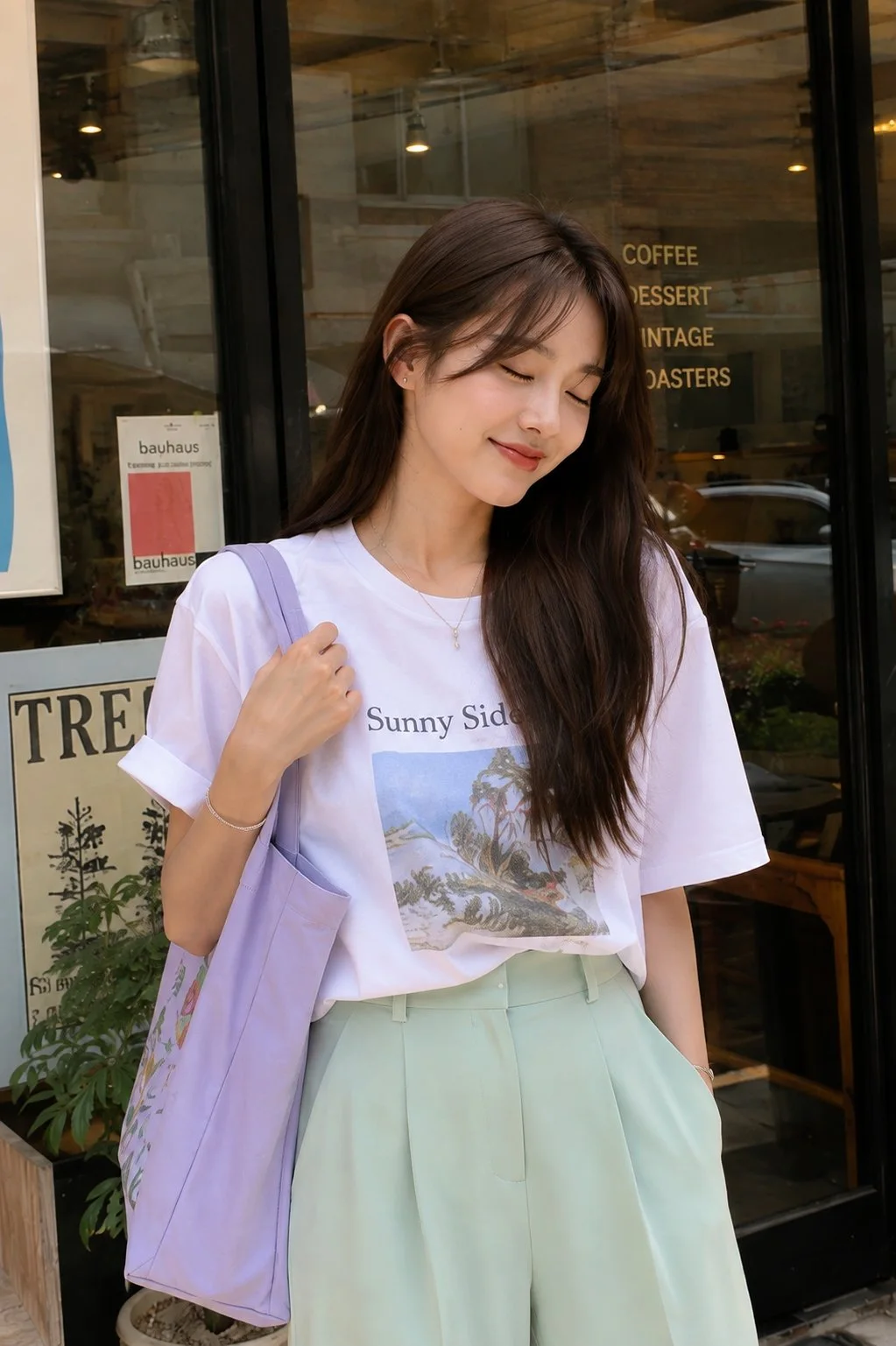 A candid full-body street-style portrait of a young woman with chestnut hair in a white graphic tee and pastel mint wide-leg trousers, white sneakers and lavender tote, outside a glass-door café with retro décor.