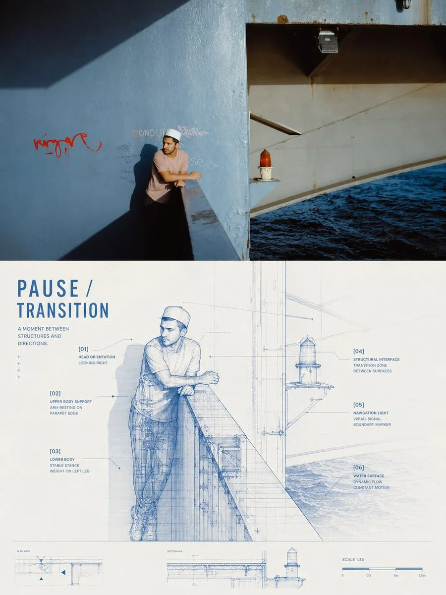 A 3:4 poster with a man on a waterfront structure photo on top and a blue transparent technical diagram of the pose, bridge and water system below.