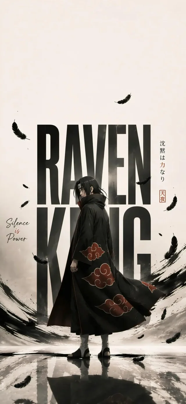 A 9:16 cinematic anime editorial poster of a young male shinobi in a black cloak with "RAVEN KING" typography, scattered black feathers, and a glossy reflective ground.