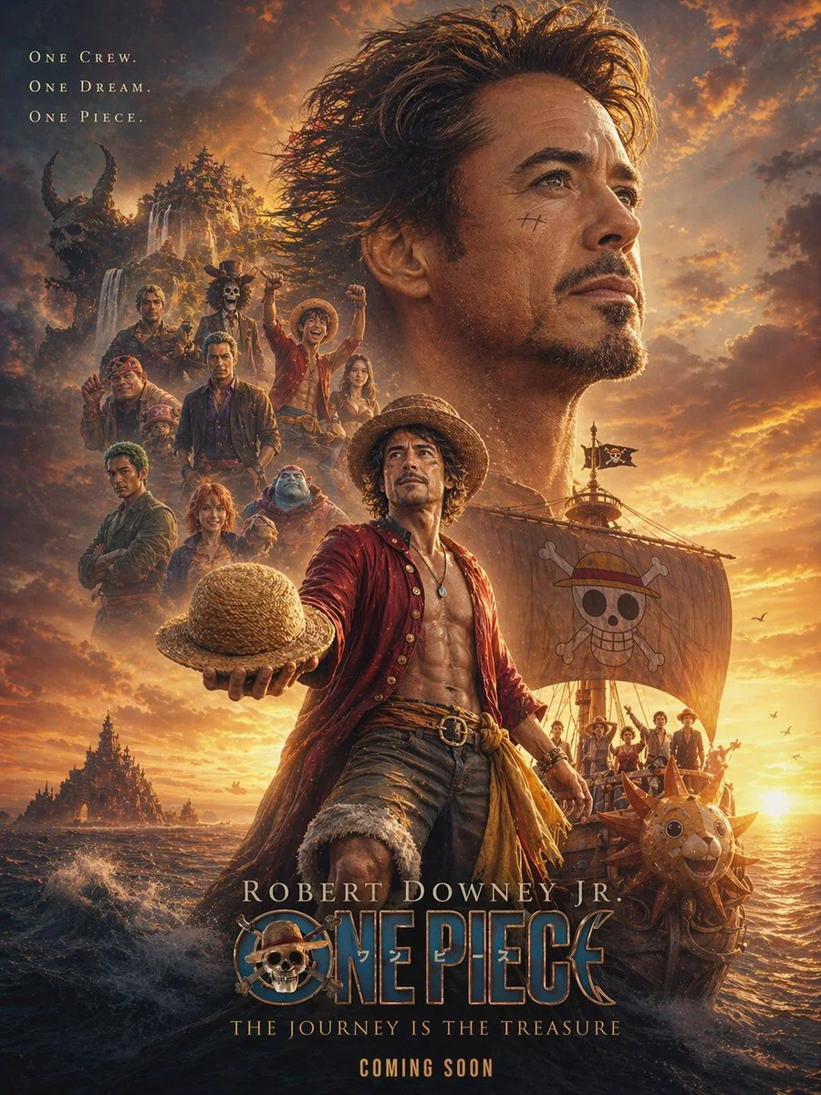 A dramatic One Piece-inspired movie poster with a heroic character, large profile portrait, Straw Hat crew imagery, ship at sea, warm golden-hour lighting, and epic adventure mood.