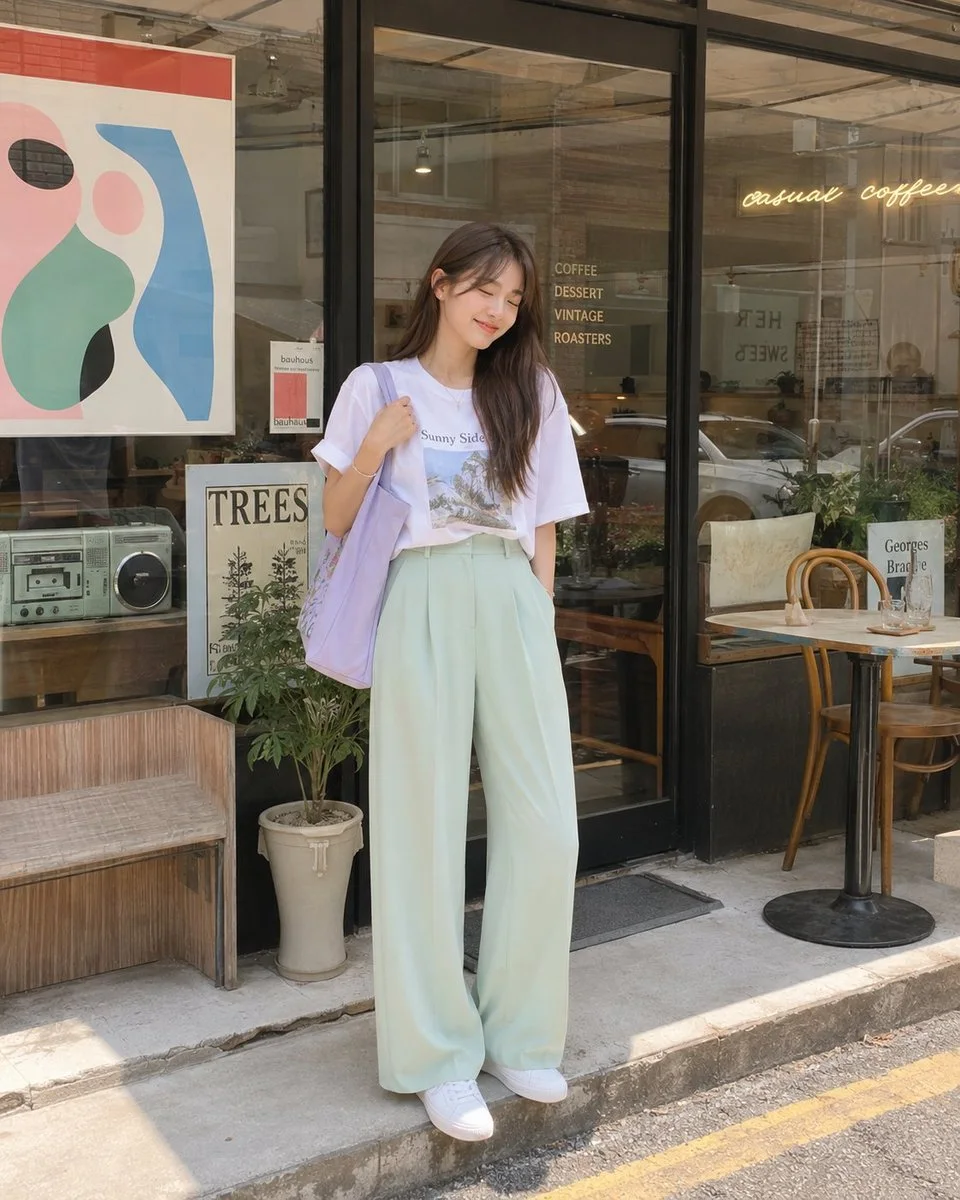 A second candid full-body street-style portrait of the same pastel café outfit, smiling softly with eyes closed outside the trendy café.