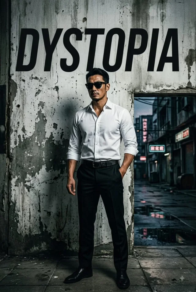 A cinematic full-body movie-poster portrait of a stoic East Asian man in sunglasses and white shirt against a weathered concrete wall with DYSTOPIA stencil and a neon rainy alley doorway.