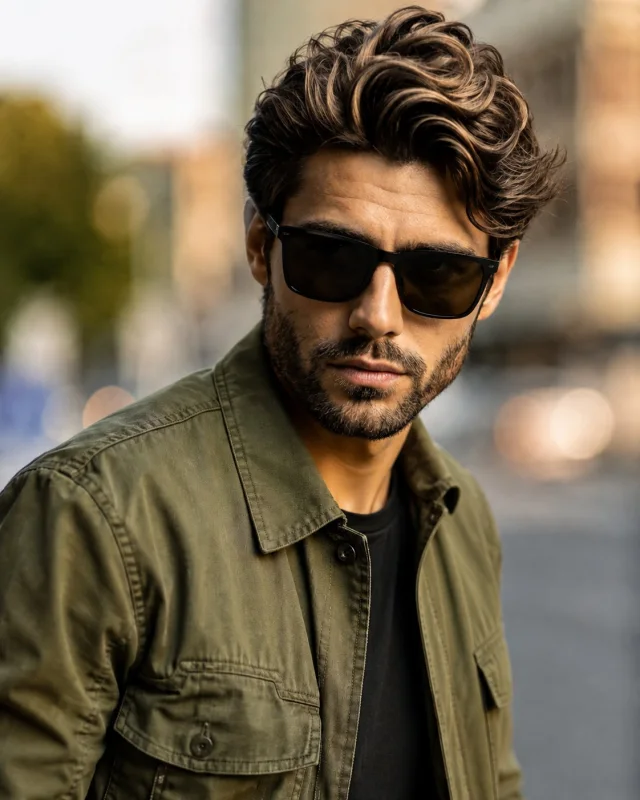 A 4:5 cinematic portrait of a young South Asian man in an olive-green utility jacket and black sunglasses outdoors with a softly blurred city background and creamy bokeh.