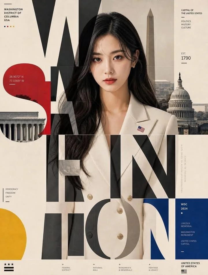 A Swiss-style WASHINGTON poster with a Korean female idol portrait, giant black typography, Washington Monument, U.S. Capitol, red and blue geometric blocks, and restrained micro-captions.