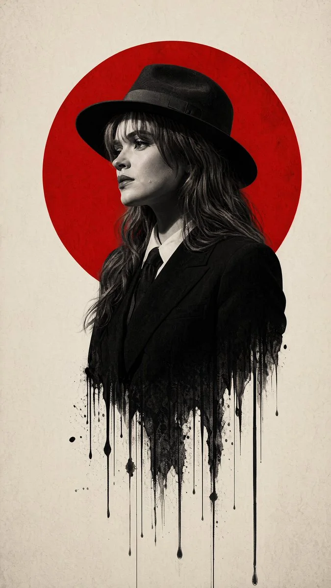 A noir melting-man poster variation with a red circle halo, black-and-white rembrandt-lit profile, and ink-streak drip against cream paper.